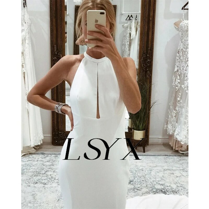 LSYX-vestido de novia de cuello alto, sencillo, sin mangas, corte de crepé, sirena blanca, espalda abierta, tren de corte, hecho a medida