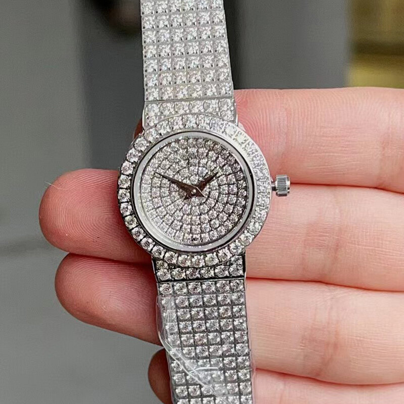 Relógio de quartzo cravejado de vidro azul feminino, pulseira de aço diamante, moda luxuosa, presente de festa, novo designer, 2024