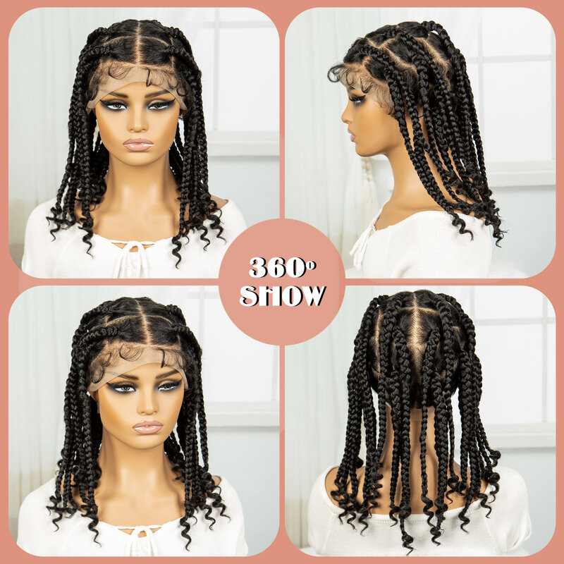 Pelucas trenzadas de encaje completo HD con extremos rizados, pelucas delanteras de encaje sintético, caja sin nudos, peluca de cabello trenzado para mujeres negras