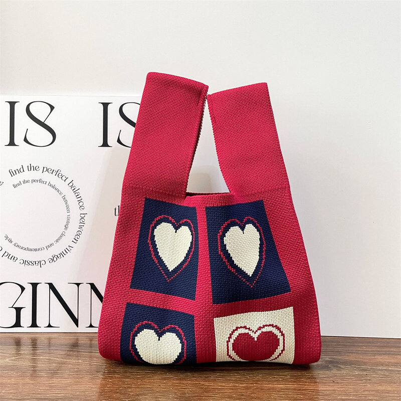 Fashion Handmade Knitted Handbags Women Mini Knot Wrist Bag Cute Colorful Heart Knit Tote Bag Girls Reusable Shopping Bags