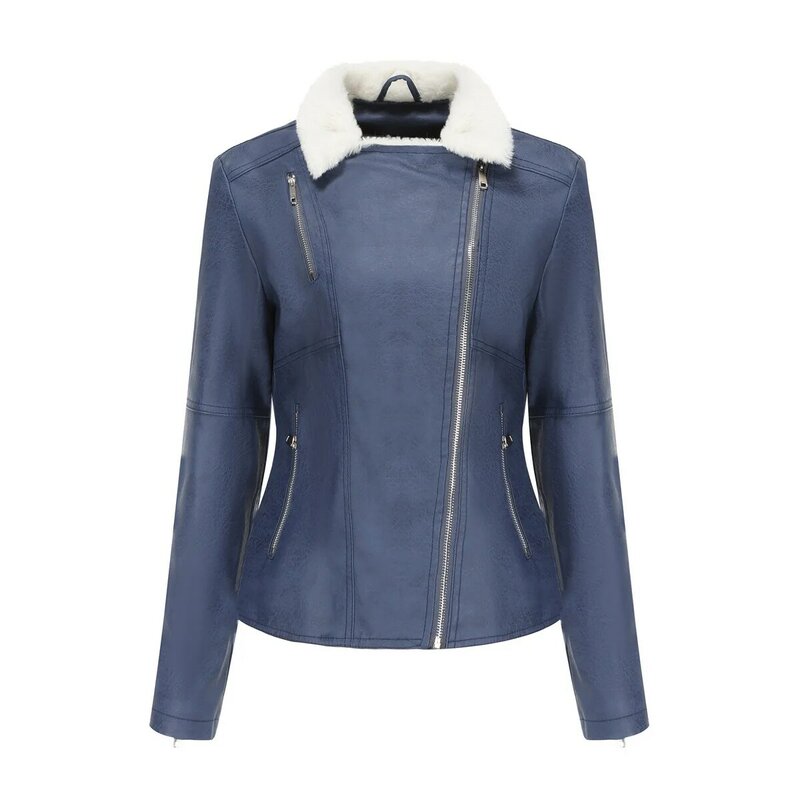 Autumn and Winter Fashion Lapel Zipper Leather Jacket Women's Solid Color Plus Velvet Long-sleeved Warm Jacket Casual All-match