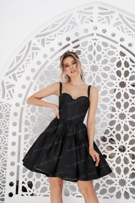 Black A-line Beaded Party Dress Tank Neck Ruffled Woman Clothes Pleated Open Back Ruffled Cocktail Elegant Simple Gowns