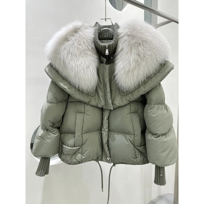 여우 모피 칼라 구스 다운 재킷, 모피 다운 재킷, 짧은 하이닝 겨울 코트, 2023 신상 빵 의류, 여성 겨울 파카