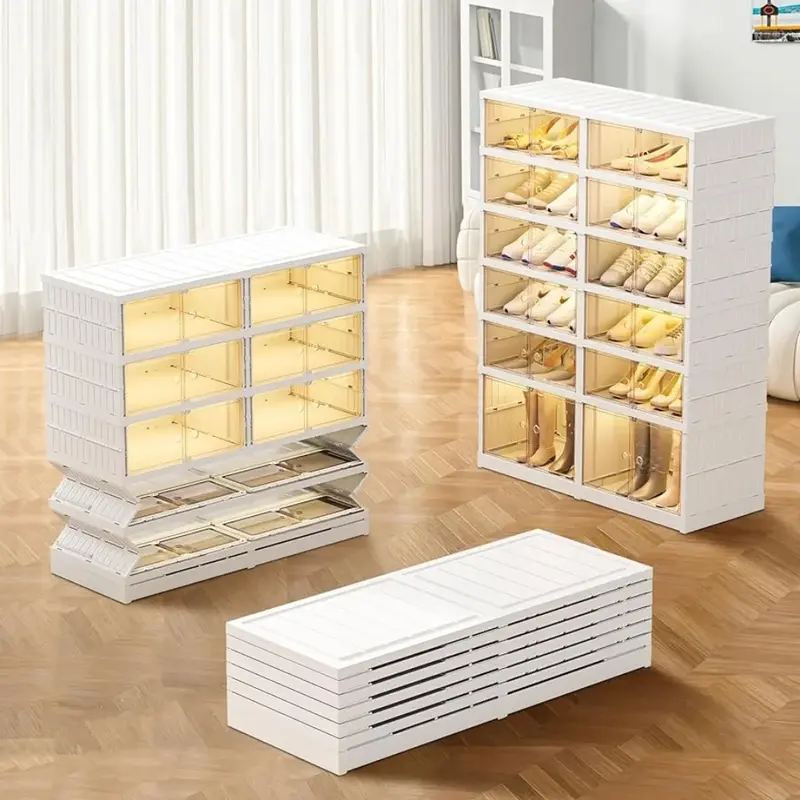 Collapsible shoe rack, storage box, plastic stackable shoebox, with transparent door, quick assembly folding storage box