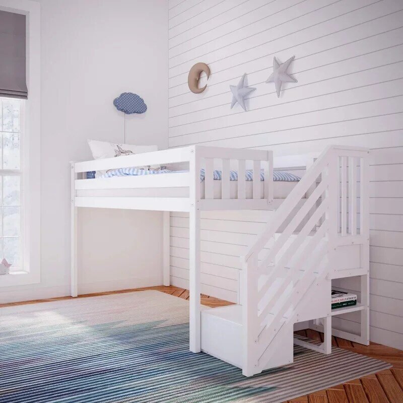 Tempat tidur loteng rendah Max & Lily, rangka tempat tidur kembar untuk anak-anak dengan tangga, putih