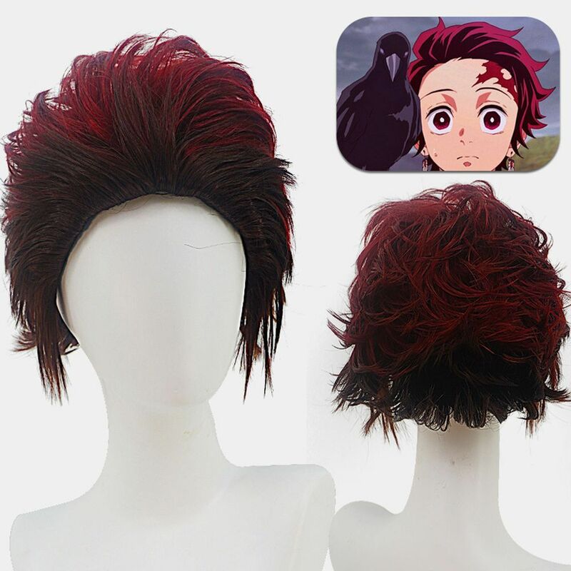 Rambut palsu sintetis rambut keriting pendek merah tua Cosplay rambut palsu sintetis