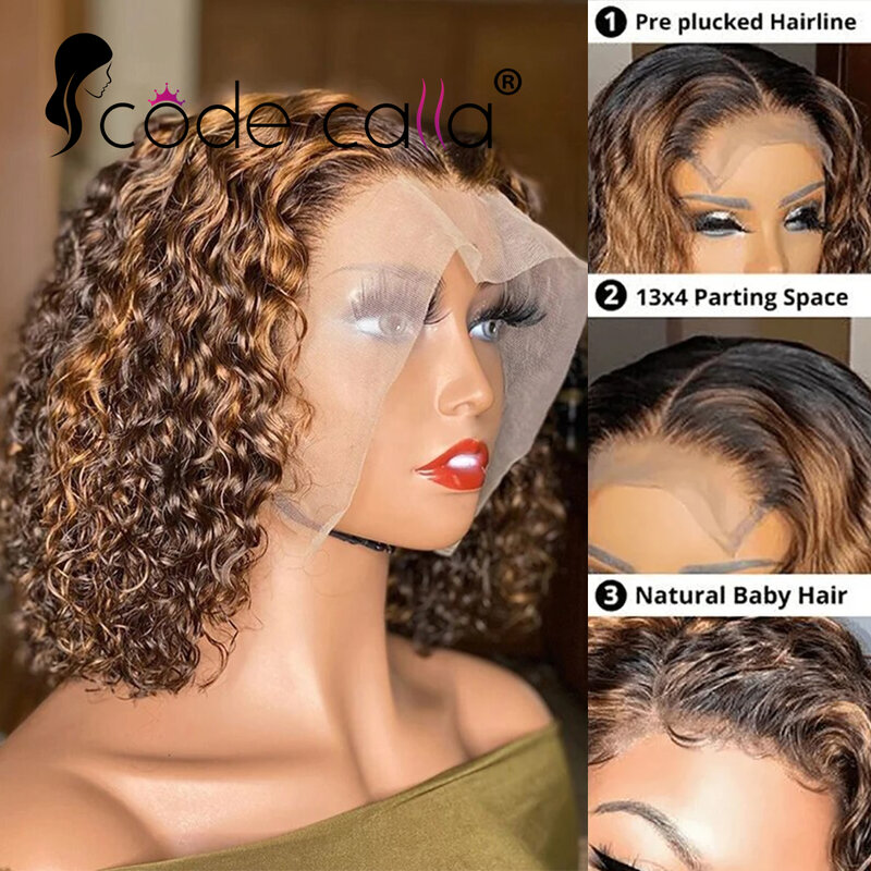 Peruca frontal de onda profunda brasileira para mulheres, destaque de cabelo humano, renda HD ombre, 13x4, 13x4, onda de água, perucas encaracoladas