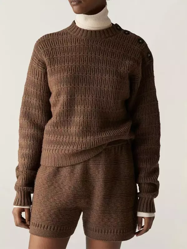 여성용 캐시미어 숄더 버튼 스웨터, O-넥, 두껍고 따뜻한 빈티지 긴팔 니트 풀오버, 2023 신상