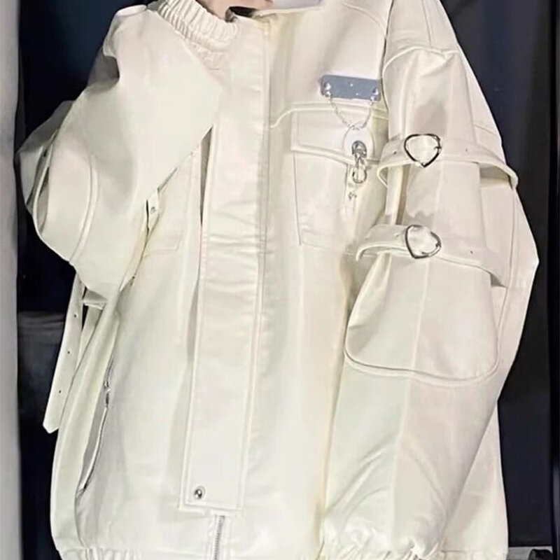 Jaqueta de couro solta feminina, jaqueta casual com zíper PU, casaco curto bege, moda senhora do escritório, outono, inverno, 2023