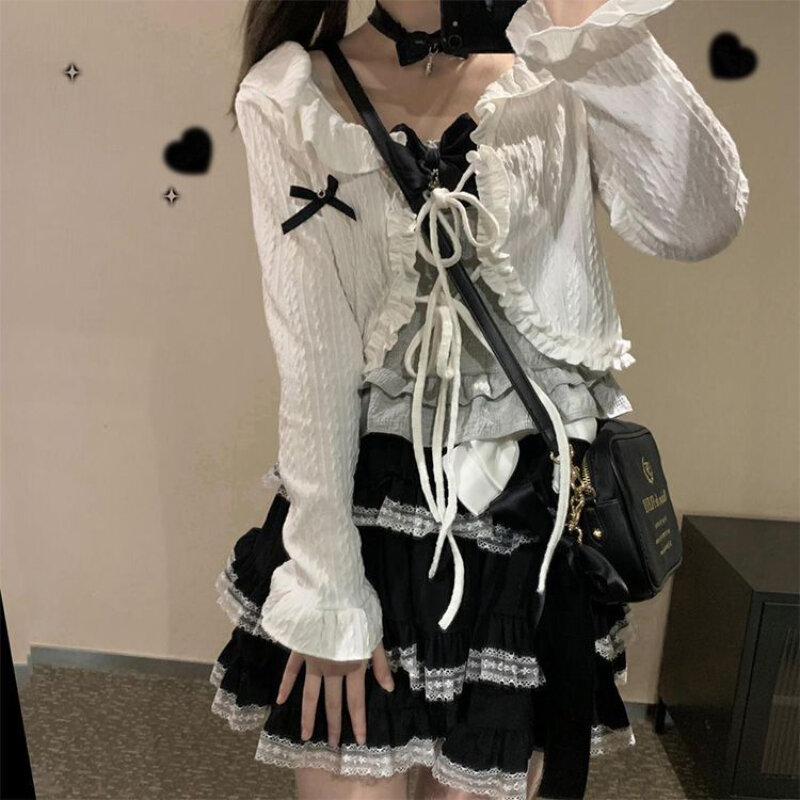 Deeptown-minifalda Kawaii Lolita con volantes, estilo Harajuku japonés, Cutecore, faldas cortas dulces, falda gótica plisada de retazos de encaje