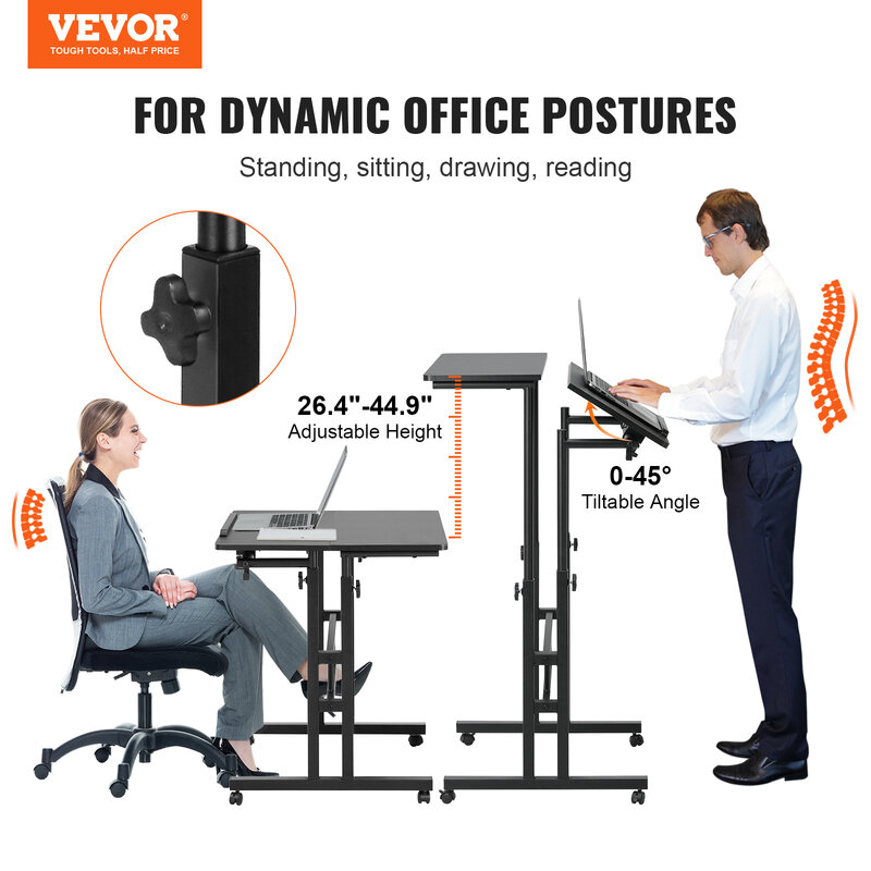 VEVOR 26.4"-44.9" Gas-Spring Height Adjustable Sit-Stand Desk with 360° Swivel Wheels Home Office Rolling Laptop Table Tiltable