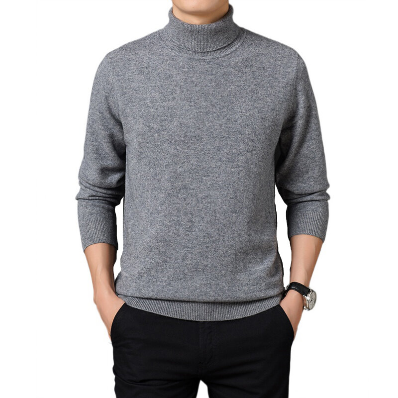 男性用単色の暖かく快適なタートルネックセーター、長袖プルオーバー、男性用服