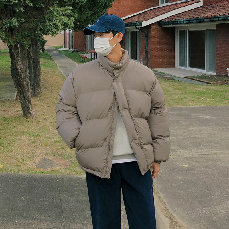 Pakaian Berlapis Katun Kerah Tegak Pendek untuk Pria Musim Dingin Versi Korea Longgar Tren Pakaian Berlapis Katun Tebal