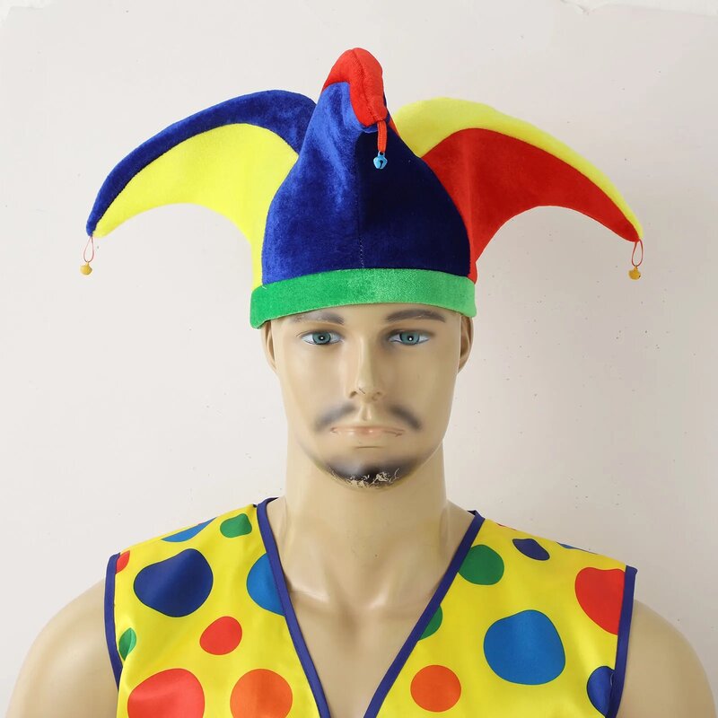 Halloween Adult Rainbow Clown Hat Multicolor Panels Multiple Peaks Bells Jester Hat Mardi Gras Party Cosplay Circus Accessory
