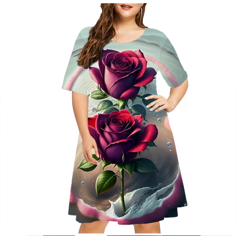 Tie Dye gwiaździste niebo róża sukienka z kwiatowym nadrukiem damska moda z krótkim rękawem luźna Plus Size sukienka letnia casualowa Mini sukienka na imprezę 6XL