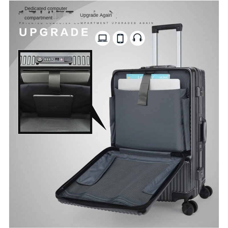 캐리어 여행가방，캐리어 24인치，전면 고정 수하물 다기능 USB 충전 암호 가방, 알루미늄 프레임 트롤리 케이스, 사일런트 휠 탑승 가방，캐리어 20인치