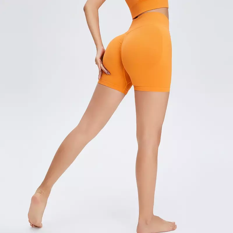 Celana pendek kebugaran tiga titik mulus celana pendek latihan angkat pinggul persik pinggang tinggi celana pendek yoga cepat kering ketat