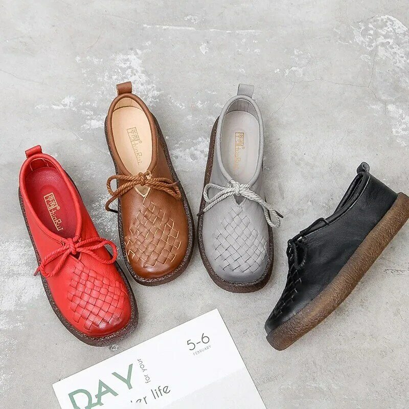 Women Leather Shoes Light Single Shoes Non-slip Mother Comfortable Ladies Weave Handmade Flat Soft Bottomed Footwear
