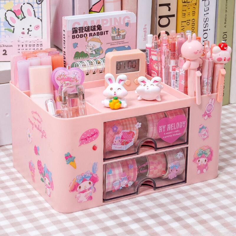 Sanrio-caja de almacenamiento para bolígrafos, organizador Kawaii de gran capacidad, cajón de escritorio, Kuromi Melody, Cinnamoroll, papelería
