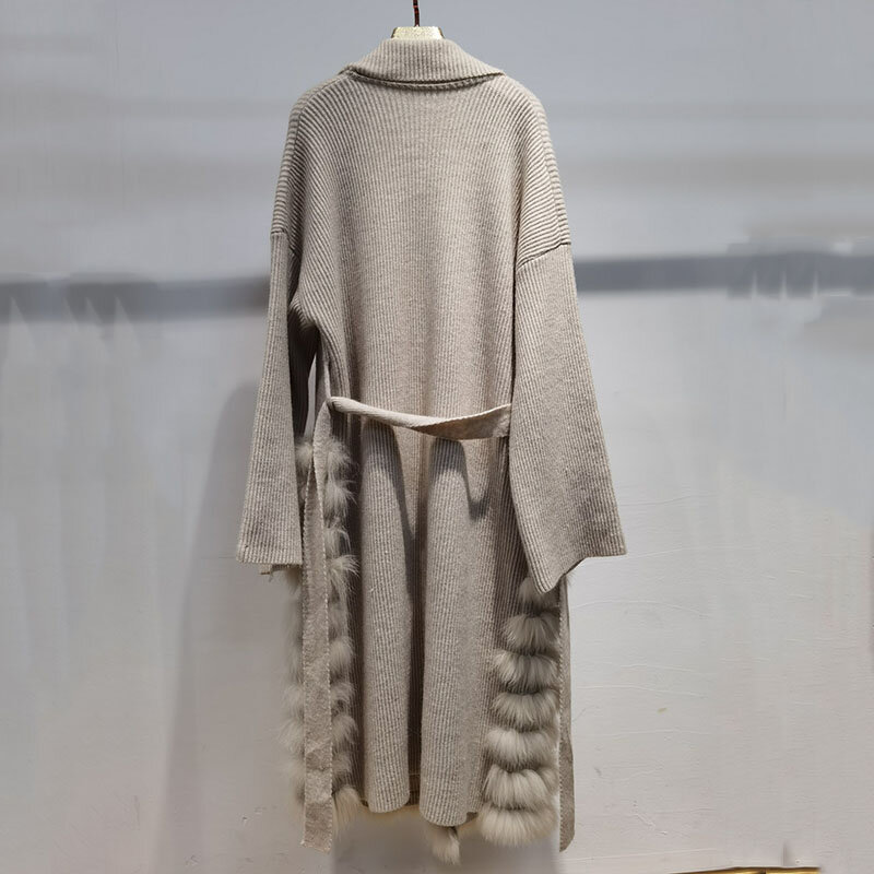 진짜 여우털 줄무늬 긴 니트 스웨터 코트 여성용, 바느질 긴 소매 니트 카디건 아웃웨어, 가을