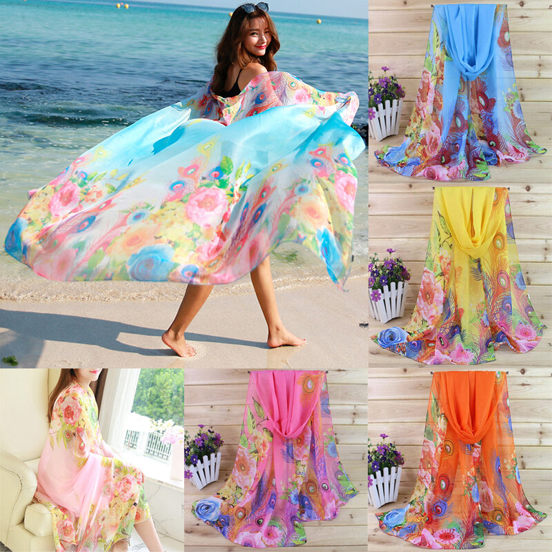 Women Fashion Accessories Silk Scarf Chiffon Shawl Beach Towel Long Cape Wrap Sarong Summer Cover Up Print Floral 160x50cm