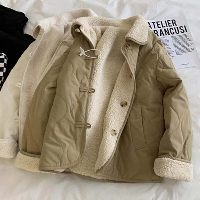 Khaki Color Two Faced Lamb Cashmere Cotton Jacket Popular for Women in Autumn Winter Small Stature 2024 New Loose Popular Style