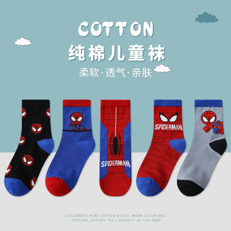 Disney-Calcetines de algodón para bebé Y niño, medias de tubo con dibujos animados de Spiderman, anime, talla 0 a 12 años, para otoño e invierno, 5 pares