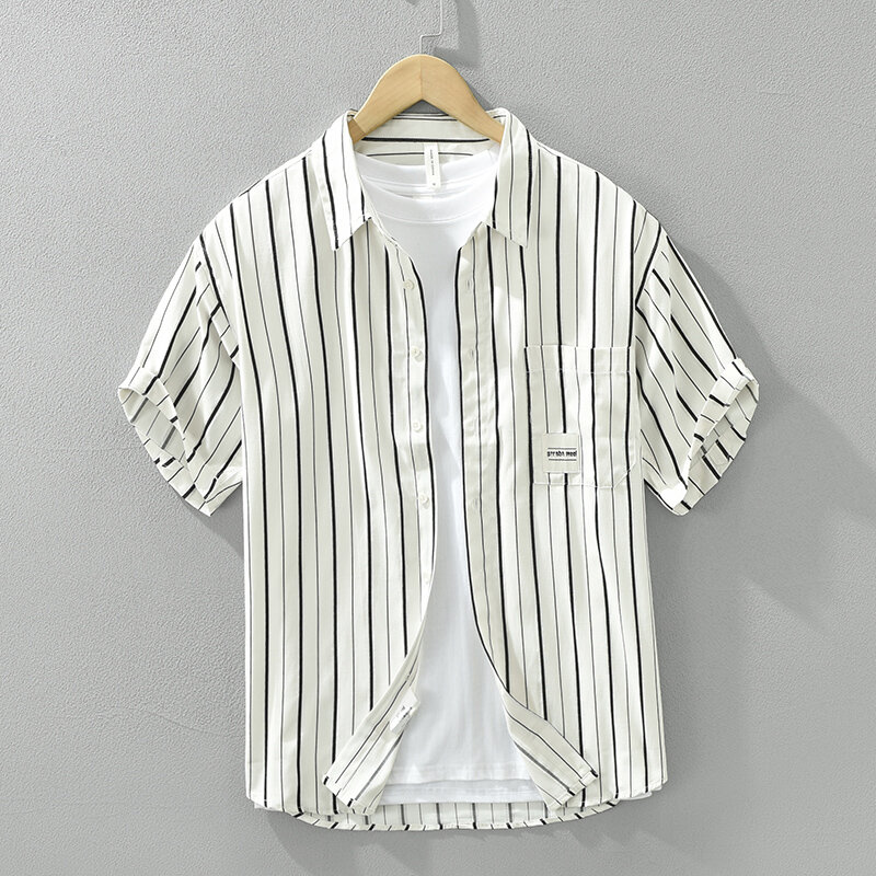 Camisa de manga curta listrada masculina, algodão, casual, solta, tamanho grande, camisa de botões, na moda