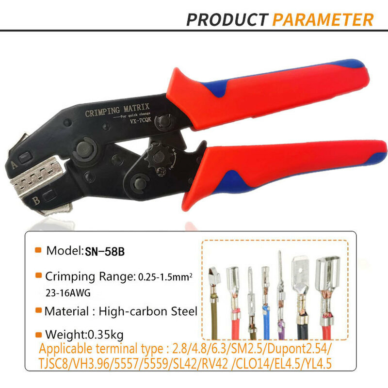 SN-58b Crimping Pliers Set with Spring-loaded Ratchet Cold-pressed Terminal Crimping Pliers and 6.3/4.8/2.8 Spring Terminals
