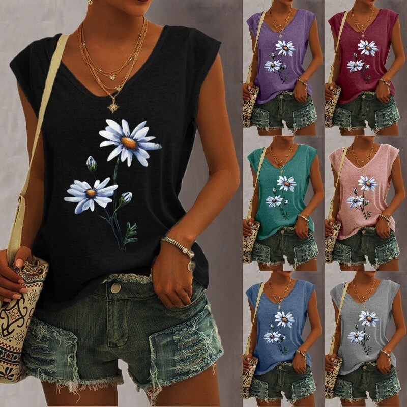 2023 Summer Women Clothing T-Shirt S-5XL Loose Casual Versatile Commuter Top Printed Sleeveless Tank Top Pullover V-Neck Vest