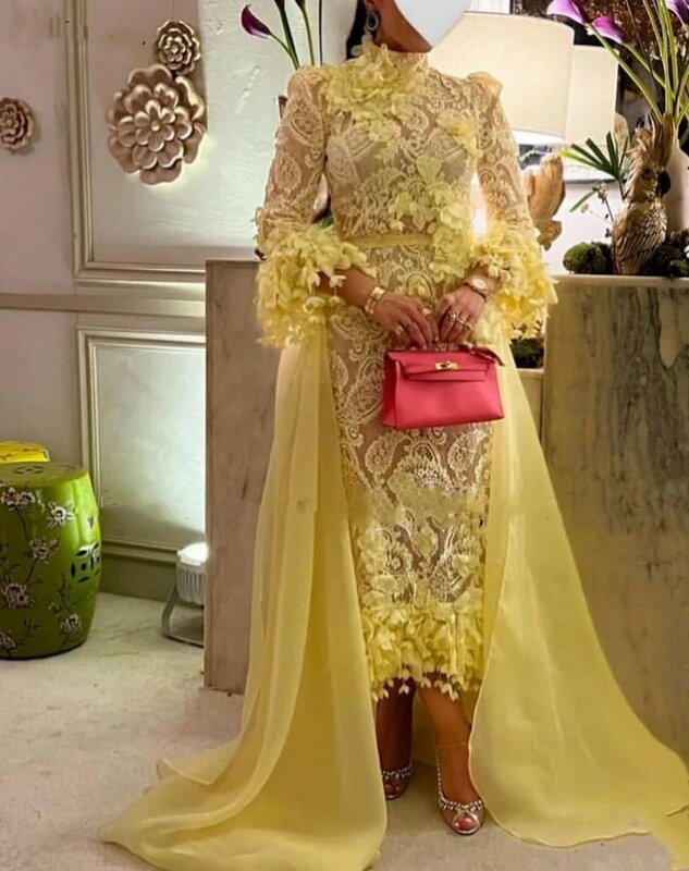 Romantic Yellow Lace High Neck Mermaid Prom Dresses Long Sleeves Evening Dress With Ankle Length Wedding Party Gowns For Women