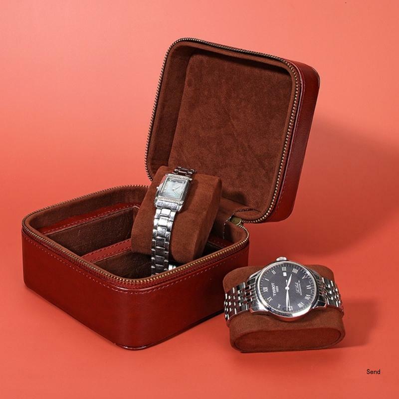 Bolsa compacta couro PU com 2 slots para relógio Soft forro Caixa armazenamento para relógios