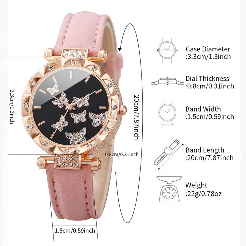 6 teile/satz Mode Frauen Mädchen Lederband Armband Schmetterling Quarz Uhr & Perle Schmuck Set