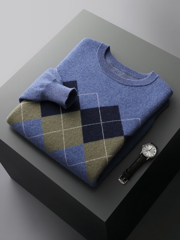 Wysokiej jakości nowe męskie 100% sweter z kaszmiru bluzy z kolorowymi blokami jesienno-zimowymi grubymi dzianinowymi bluzkami