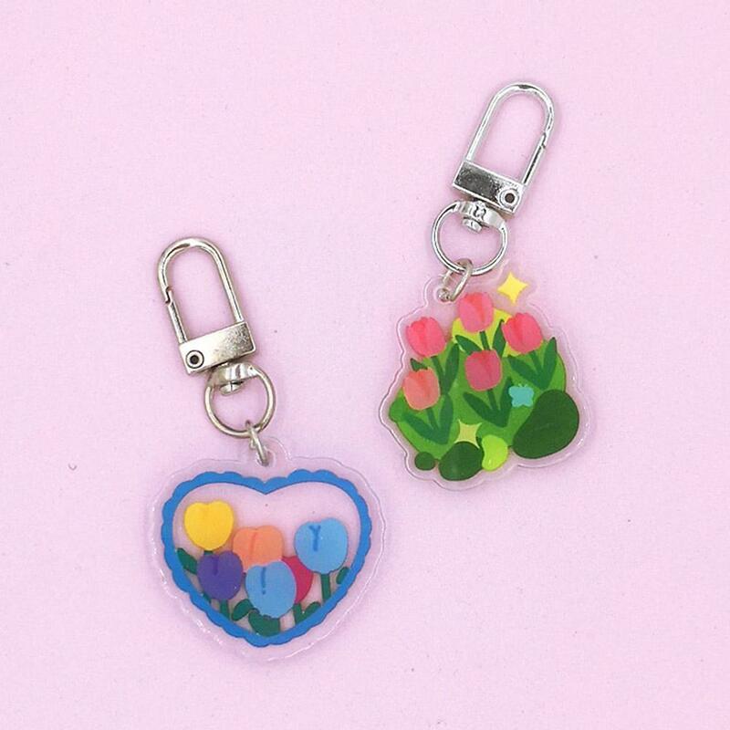 Acrílico Sweet Tulip Keychain para Mulheres e Meninas, Love Heart, Flower Pendant Chaveiros, Cute Handbag, School Bag Acessórios, W5K2