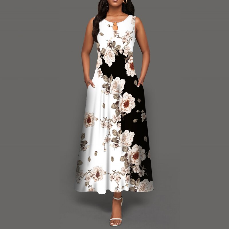 Flower Print New Casual Sleeveless Long Dress Women's V-Neck Printed Dress Swing Bohemian Retro Dresses