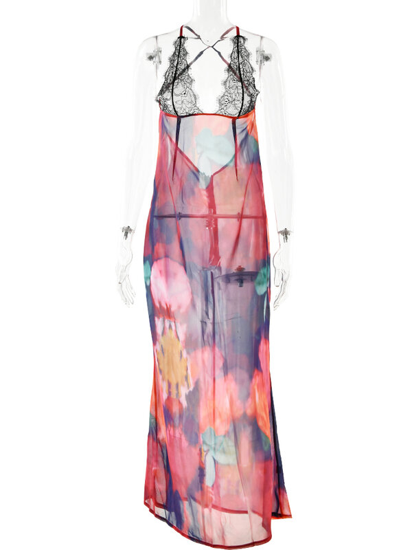 JULISSA MO-vestido floral de chiffon para mulheres, bodycon com renda sem costas, ver através, elegante, sexy, festa na praia, verão, 2023