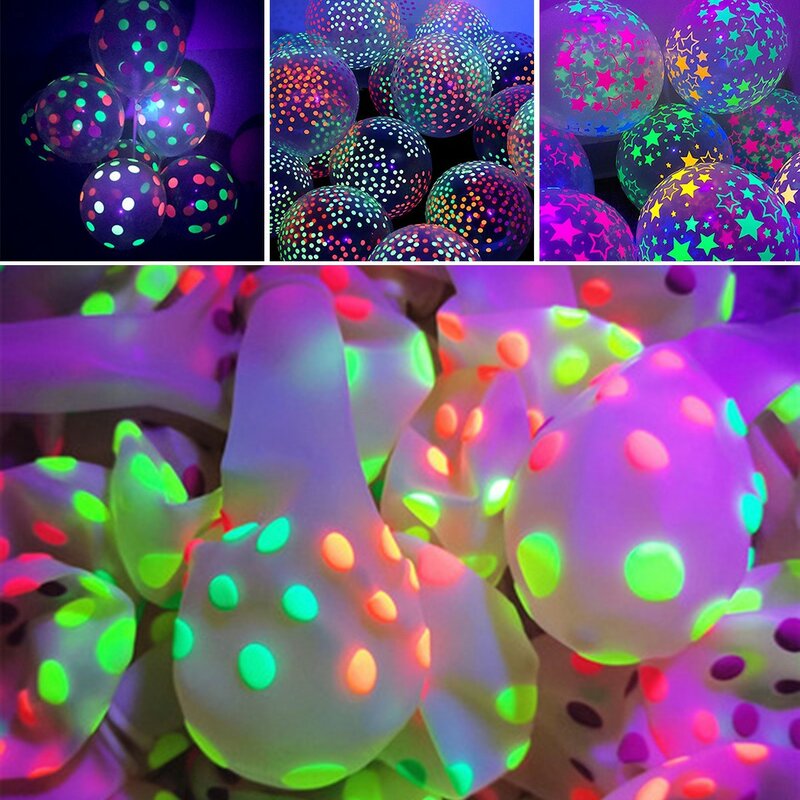 10pcs Clear Latex 12 pollici Neon UV Blacklight Reactive Star Balloons Stars M/s pois per la decorazione della festa di compleanno