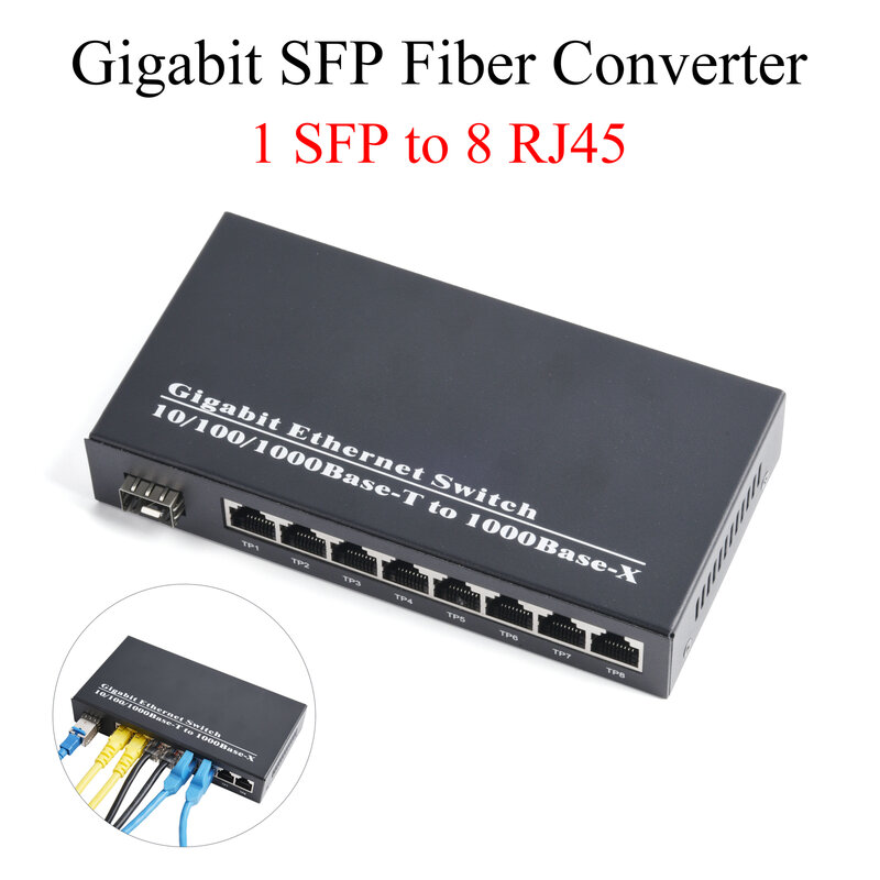 ตัวรับส่งสัญญาณ RJ45 Gigabit SFP 1 SFP TO 1/2/4/8โมดูลตัวรับส่งสัญญาณอีเธอร์เน็ตที่รวดเร็วสวิตช์ใยแก้วนำแสง10/100/1000M สำหรับกล้อง IP