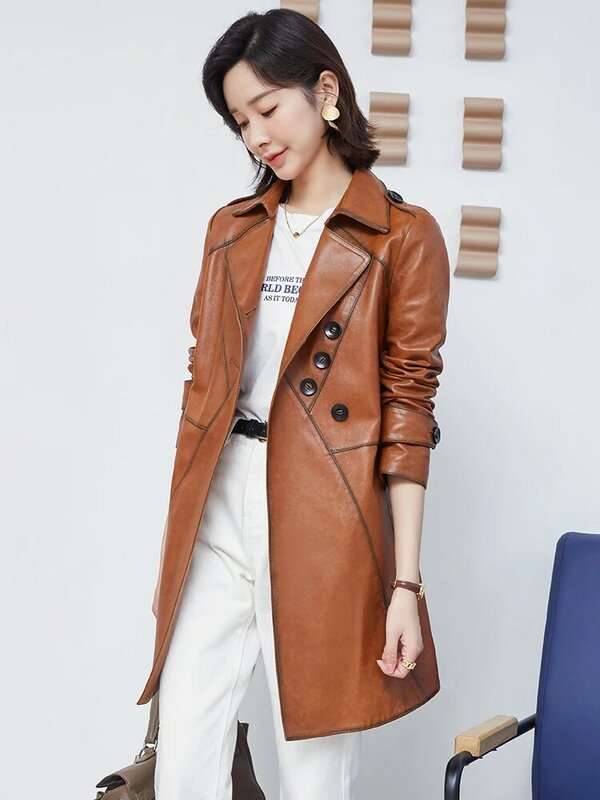 2024 Women Real Leather Jackets Long Clothes Real Sheepskin Coat Female Autumn Leather Trench Coats Cool Windbreaker 100CM Long
