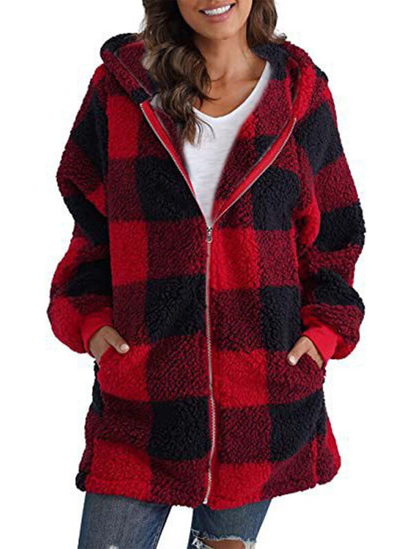 여성용 체크 무늬 인조 모피 코트, 테디 코트, 후드 재킷, 모피 테디 베어 플러시 재킷, 2023 가을 겨울
