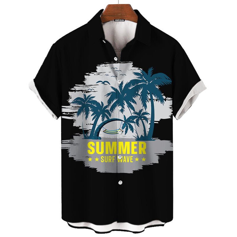 Coqueiro 3D masculino estampa havaiana camisas, verão praia casual manga curta camisas, moda rua roupas de grandes dimensões, novo, 2024