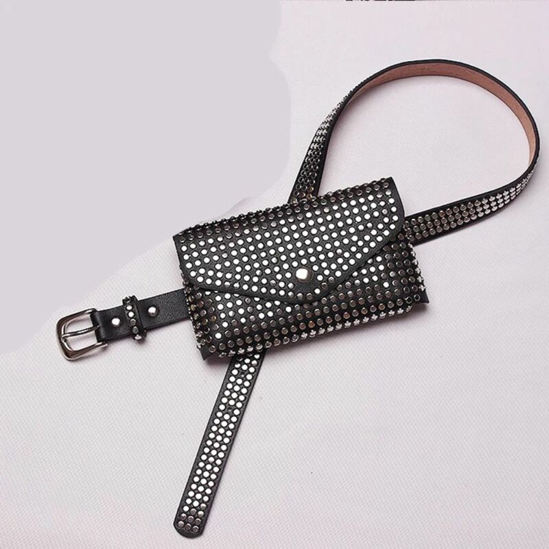 Black Belt Bag Fashion PU Leather Rivet Mobile Phone Bag Women's Fine Belt Decoration Punk Style Small Waistpack