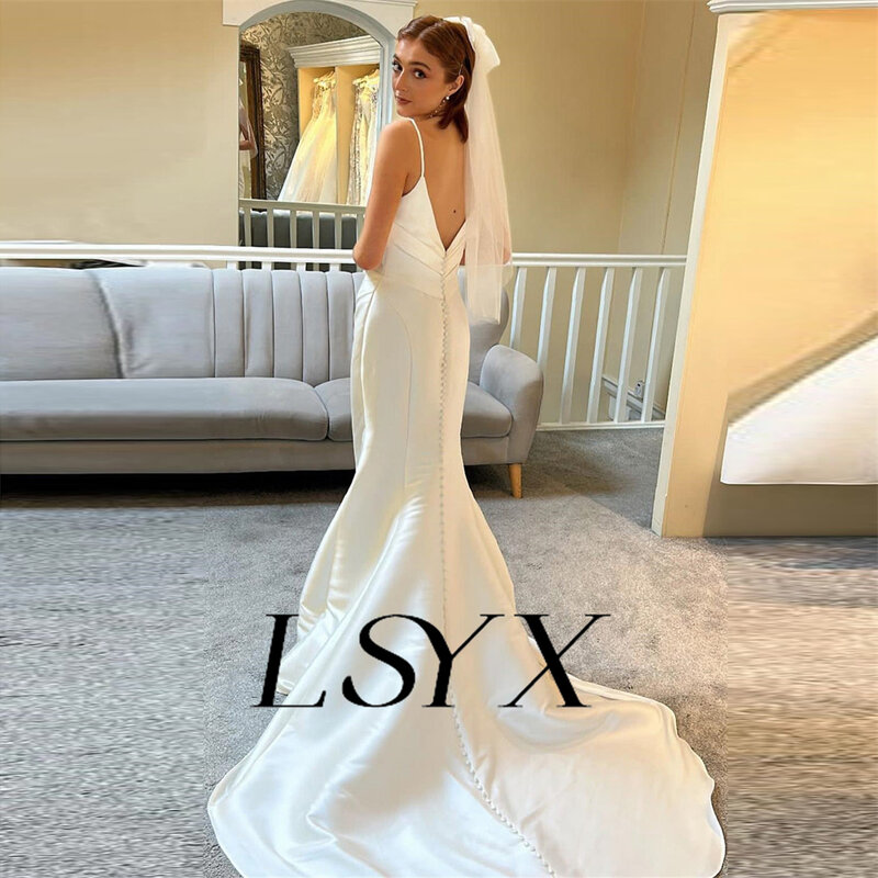 LSYX vestido de novia plisado de satén sin mangas con cuello en V profundo, Simple, botón de sirena, espalda abierta, tren de corte, vestido de novia hecho a medida