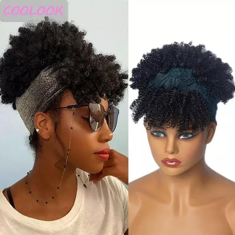 สั้น Kinky Curly Headband Wigs สำหรับผู้หญิงสีดำ Afro หยิกสีบลอนด์กับผ้าพันคอธรรมชาติ Curly Cosplay วิกผมสังเคราะห์เท็จผม