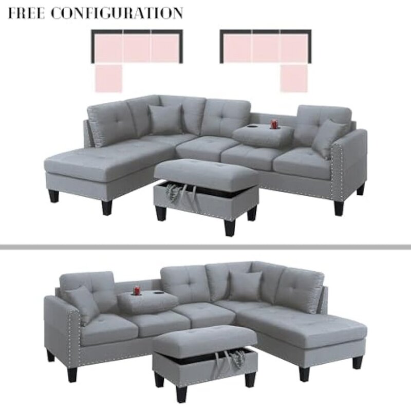 3 Pieces Sectional Sofa Set Include Storage Ottoman, Cup Holder, Rivet Ornament Modular Reversible Couch with Convertible Chaise