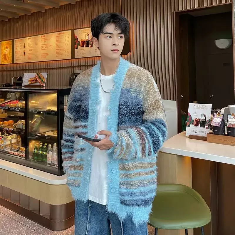 Suéteres de punto irregulares para hombre y mujer, cárdigan de rayas sueltas, bloque de Color, suéter de gran tamaño, abrigos de punto Y2K Harajuku, Tops de invierno