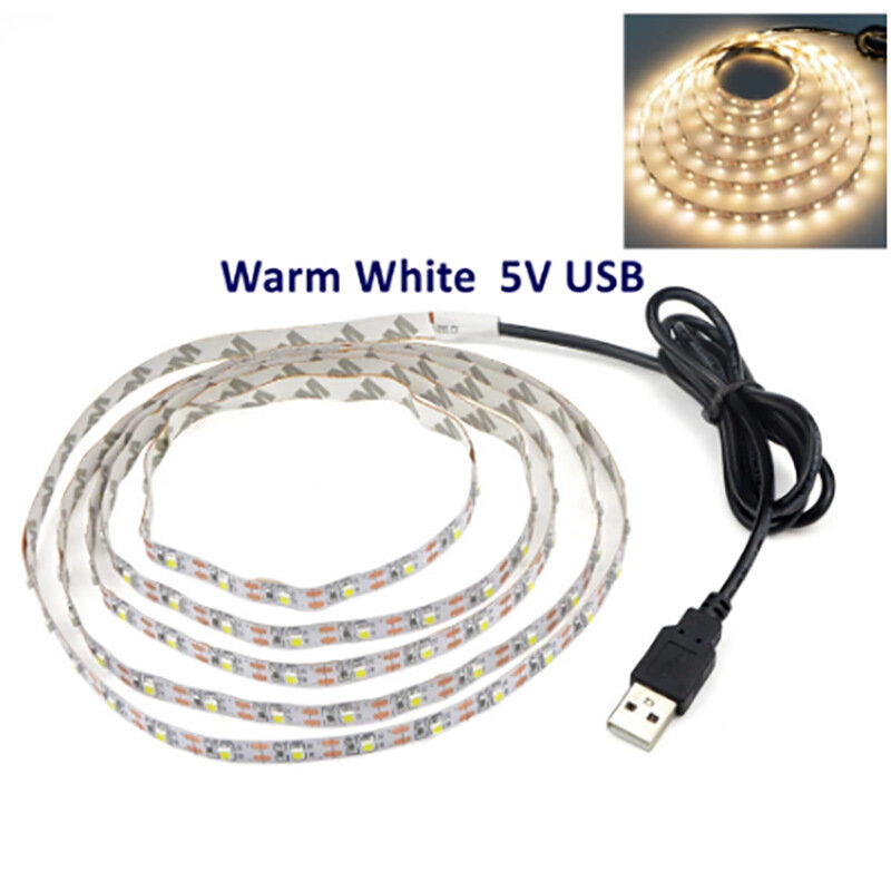 DC 5V Strip USB LED 2835 5050 Putih, lampu setrip LED Tira warna putih hangat, pita pencahayaan latar belakang TV lampu dekorasi fleksibel rumah 1-5m