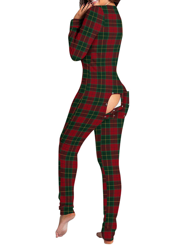 Women s Christmas Long Pajama Romper Long Sleeve V Neck Button Down Plaid Jumpsuit Pajama