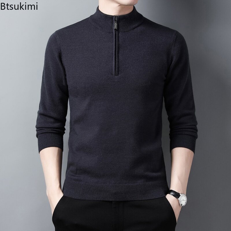 New 2024 Men's Solid Knitted Sweaters Fashion Half Zip Warm Pullover Business Casual Knit Bottoming Tops Men Simple Slim Sweater